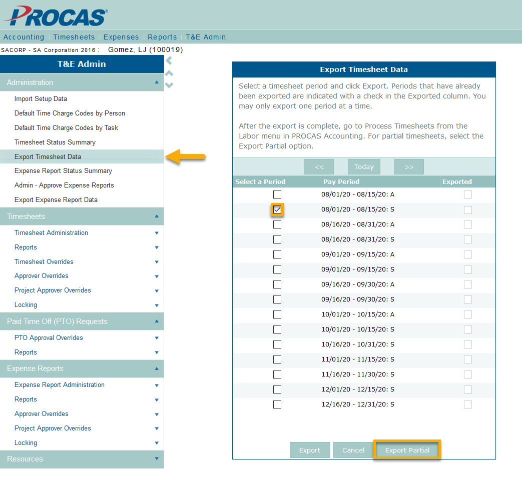 Authorized Dates on PROCAS Timesheet charge code